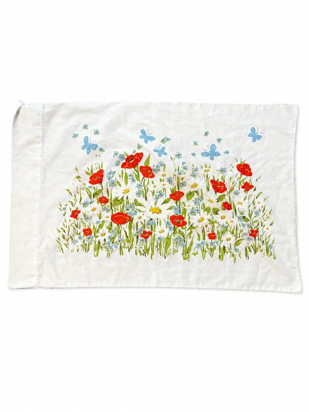 Vintage 70’s floral pillow case poppy daisy 0330 standard white red green